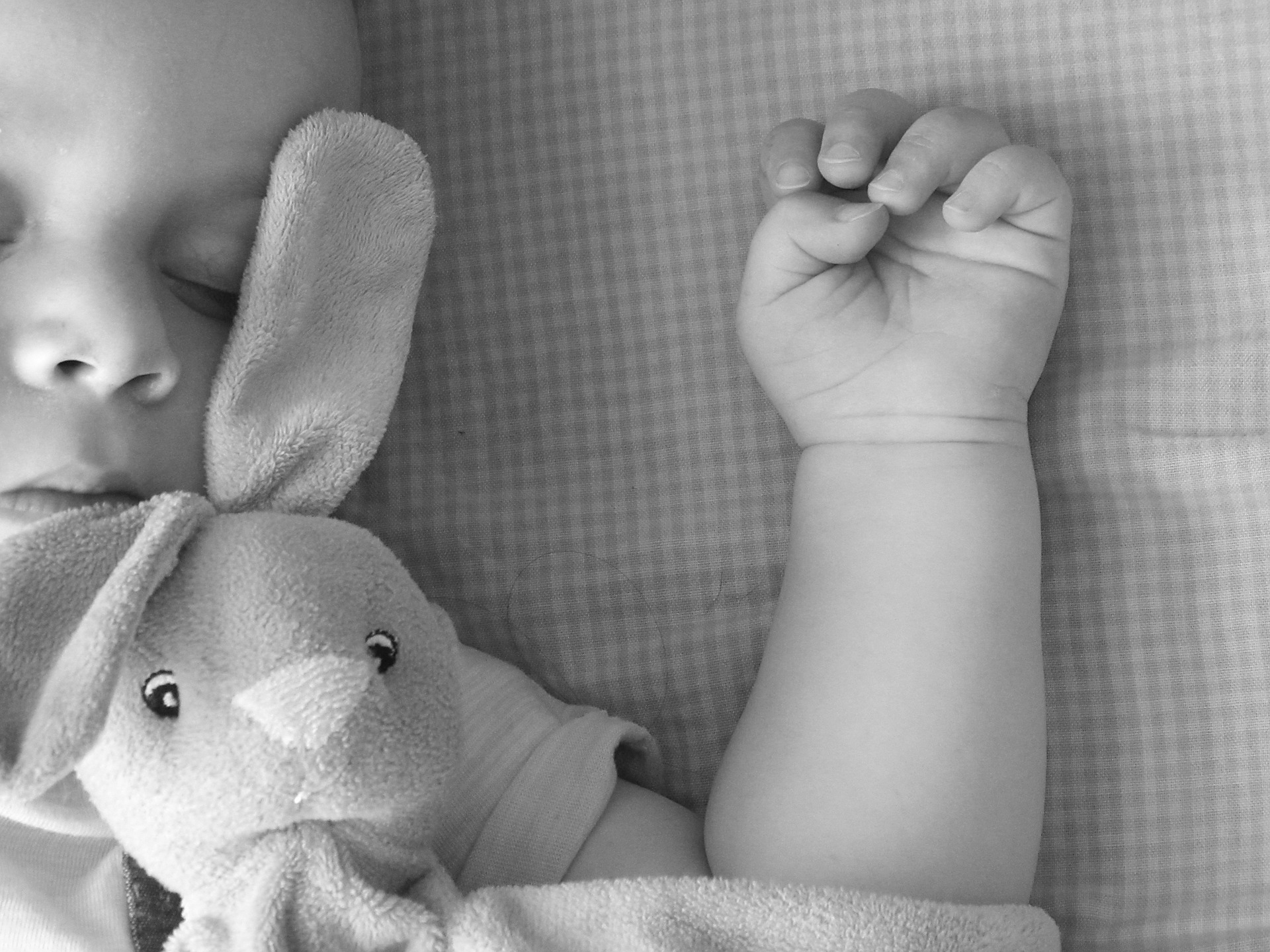 A baby asleep with a rabbit soft toy after gentle sleep training