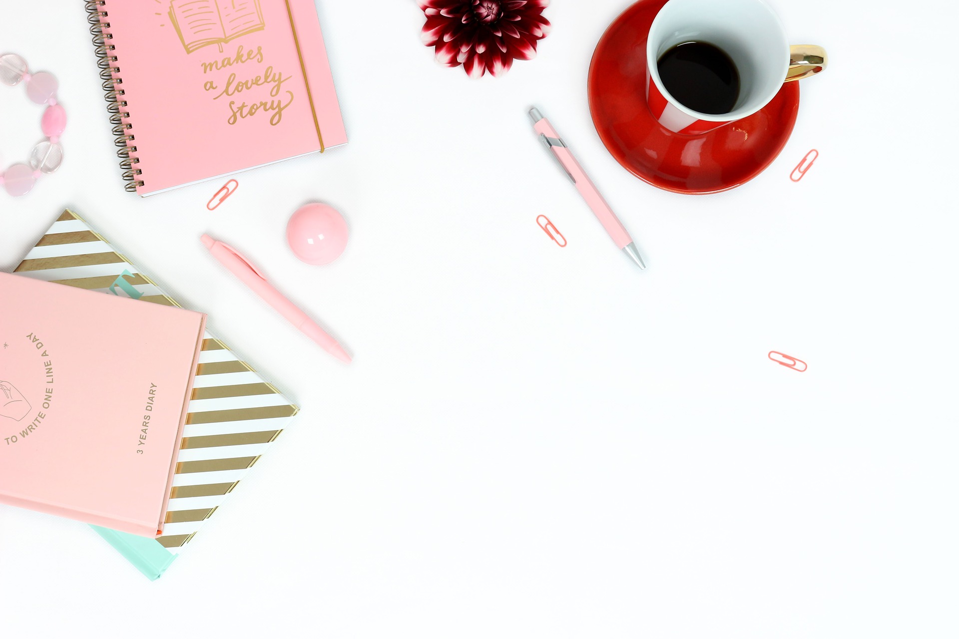 Notebooks and coffee on a desk